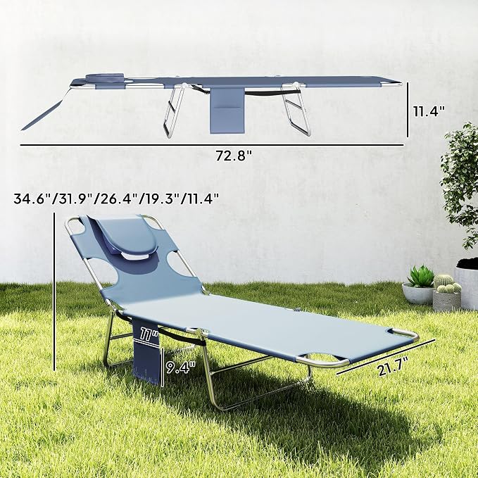 Outsunny Chaise Lounge Chair Outdoor Set of 2 with Face Arm Hole, 5-Position Reclining Face Down Tanning Chair with Carry Strap, Side Pocket, Portable Folding Bed Cot for Patio Beach Pool, Gray