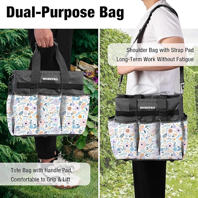 WORKPRO Garden Tool Bag Organizer, Heavy Duty Gardening Tote Bag with 10 Pockets and Long Adjustable Shoulder Strap, Standable Garden Home Tool Kits Organizer, Floral White (Tools are not Included)