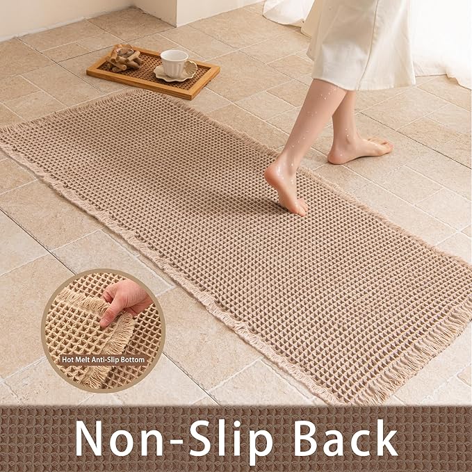 Waffle Runner Rug Non Slip, Boho Bath Mat, Super Absorbent Quick Dry Long Bath Runner Bathroom, Soft Farmhouse Bath Rug with Tassels, Washable Shower Mats for Floor 24"x72", Brown