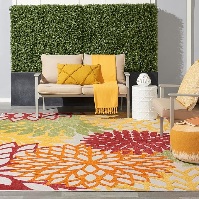 Nourison Aloha Indoor/Outdoor Red Multi Colored 9' x 12' Area Rug, Tropical, Botanical, Easy Cleaning, Non Shedding, Bed Room, Living Room, Dining Room, Deck, Backyard, Patio (9x12)