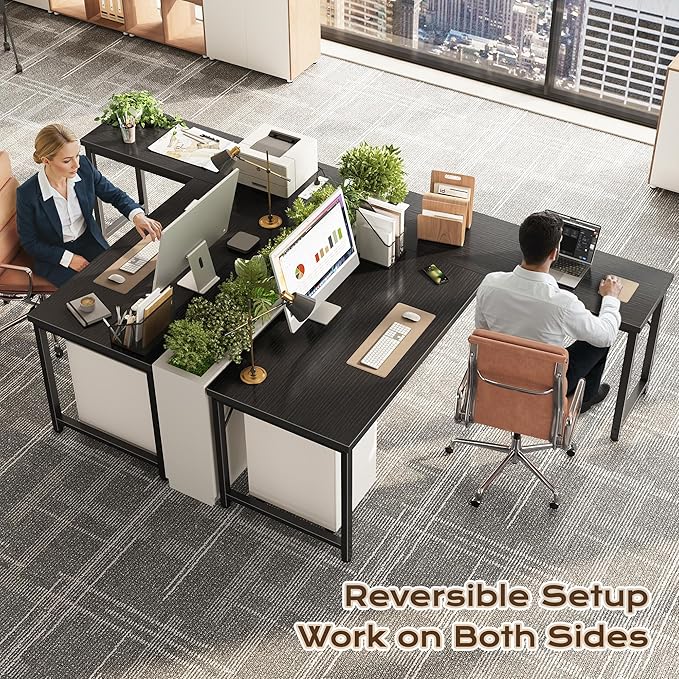 Huuger 55 Inch L Shaped Desk with Power Outlets and USB-C Port, Reversible Computer Desk, Larger Office Corner Gaming Desk, 0.95 Inch Thicker Desktop, Metal Frame, for Home Office, Study, Black