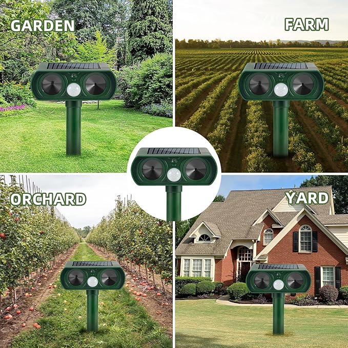 2 Pcs Upgraded Solar Animal Repellent Ultrasonic Outdoor for Cats Squirrels Racoons Rabbits Foxs Dogs Skunks Deer Repellent Devices Waterproof Motion Sensor Animal Repeller Deterrent for Yard Garden