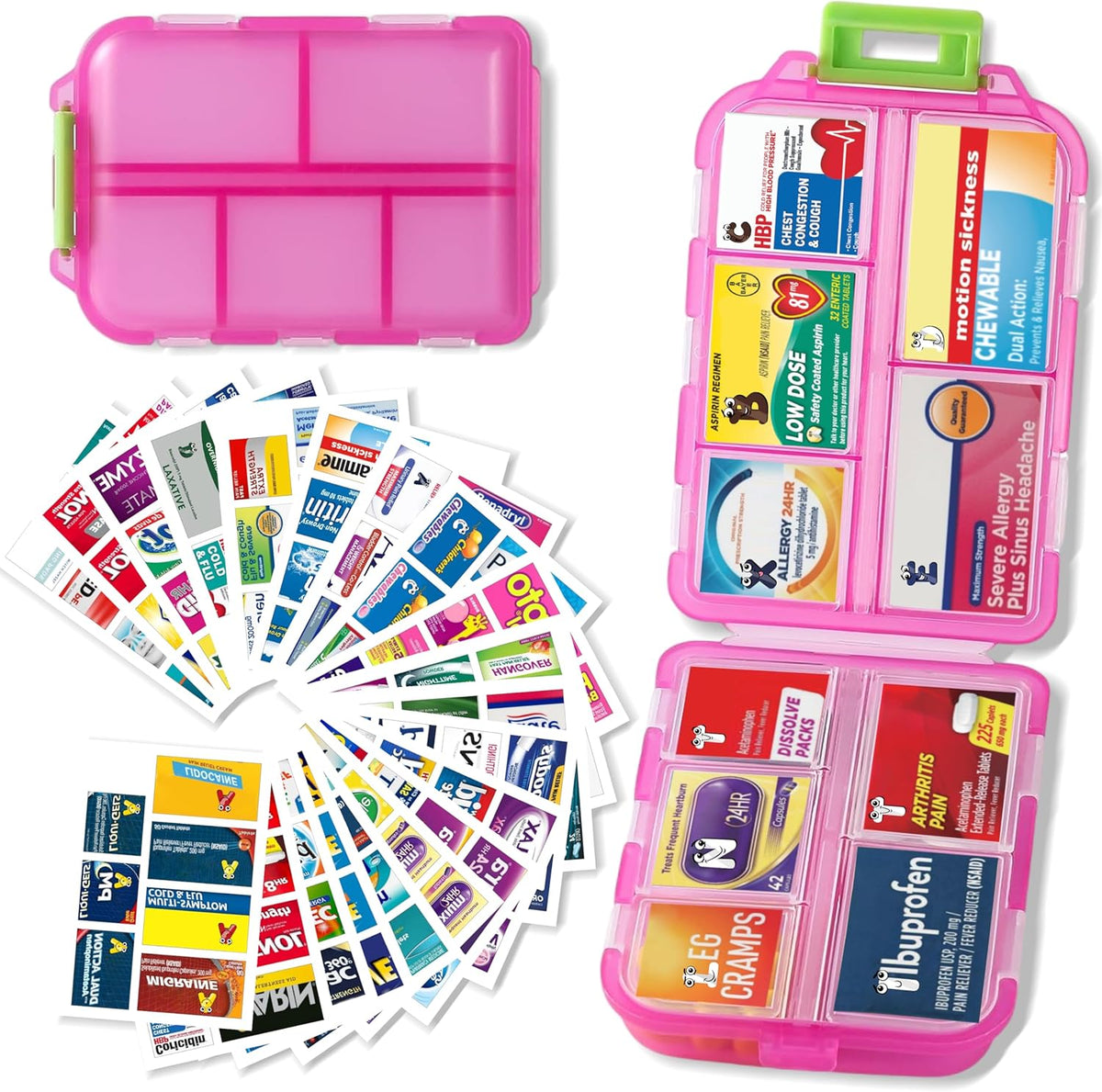 Skiennix Pill Organizer - Travel-Friendly Daily Medication Case with 161 Labels - Mini Size in Pink
