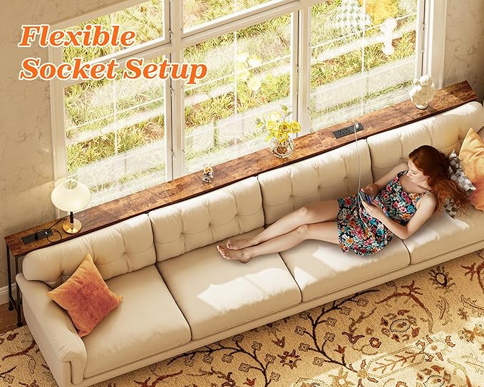 SUPERJARE 118.1 Inch Sofa Table with 2 Power Outlets and USB-C Port, 5.9 Inch Narrow Console Table with Storage, Extra-Long, for Entryway Hallway Couch Behind Sofa, Small Spaces, Rustic Brown