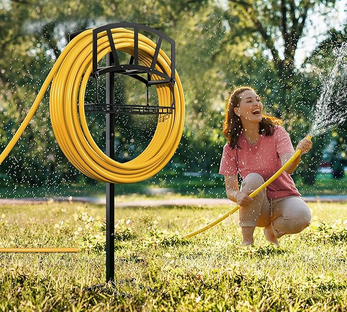 Fire Beauty Garden Hose Holder,Freestanding Water Hose Holder with Storage Basket,In ground Hose Rack Organizer for Outdoor,Detachable Hose Holder Stake,Hose Reel Stand Rack for Outside Lawn Yard