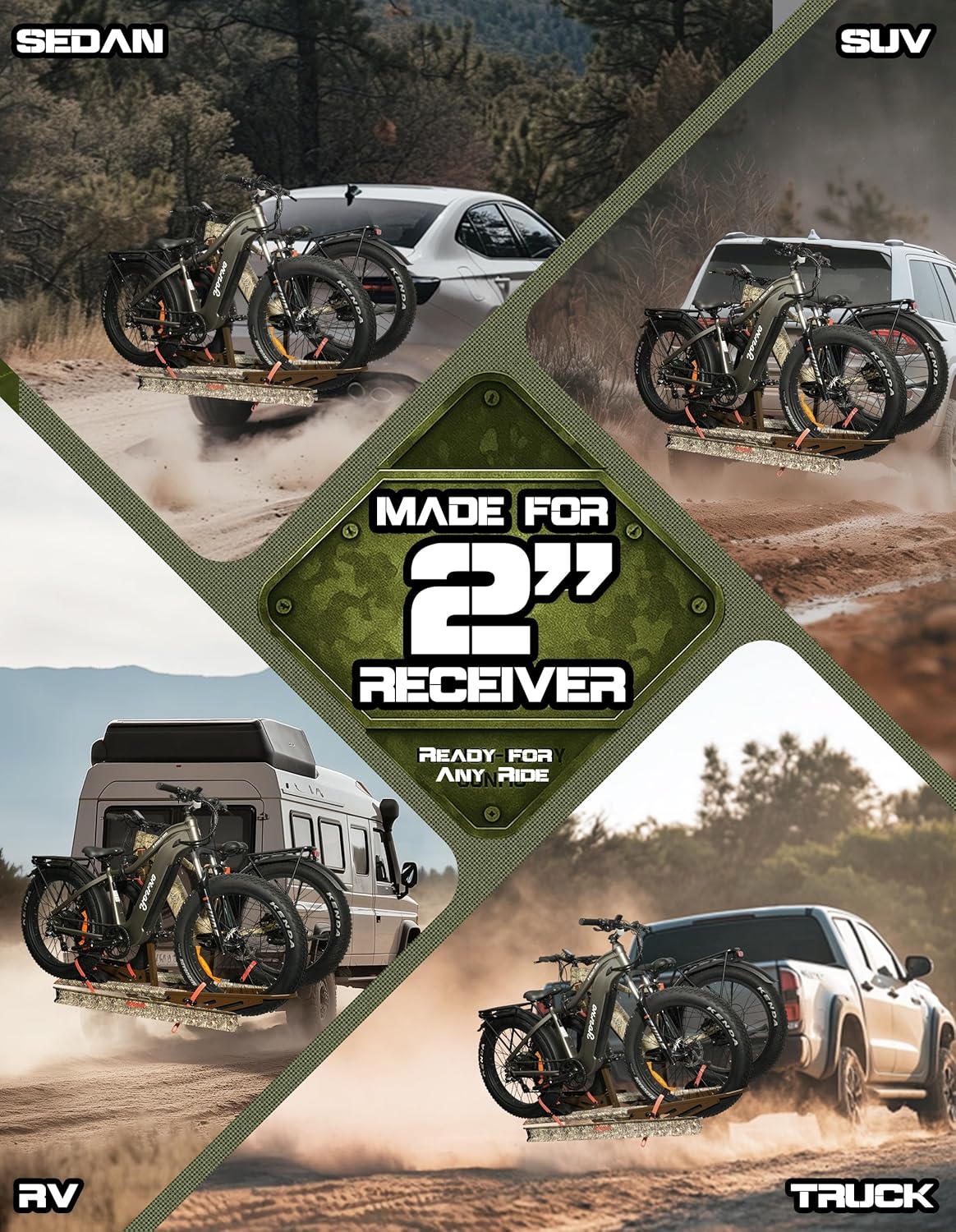 Young Bike Rack - Hitch Mount Bicycle Rack for 2 E-Bikes | 200lbs Capacity, Foldable, Anti-Wobble, Camo