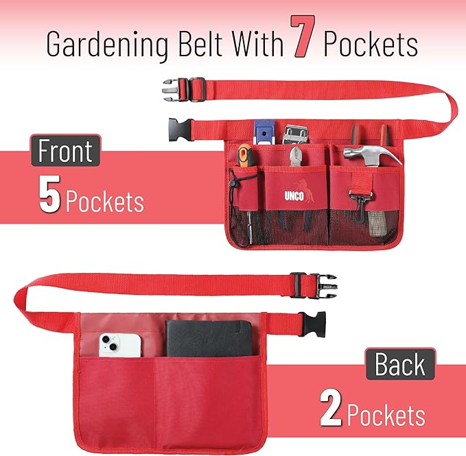 UNCO- Adjustable Gardening Belt, Red, 7 Pockets, Wear, Cut and Water Resistant, Garden Tool Belt Pouch, Waist Apron with Pockets