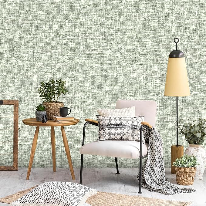 Green Grasscloth Peel and Stick Wallpaper 17.3"x120" Faux Linen Textured