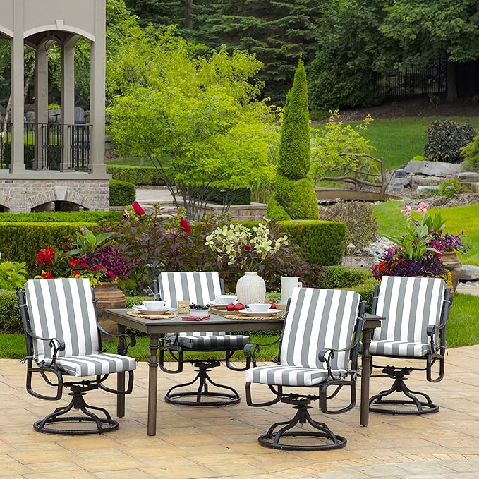 Arden 4-Pack Outdoor Patio Dining Chair Cushion, 20x44, Rain-Proof Seat Pad, Fade-Resistant Outdoor Cushion Stone Grey Cabana Stripe