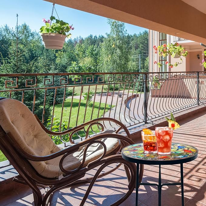 Mosaic Birds Outdoor Side Tea Table, Glass Plant Tables Indoor Decorative Metal Patio Table, Outdoor Tables Unique Furniture - Weather-Resistant Patio Valentine's Day Decor