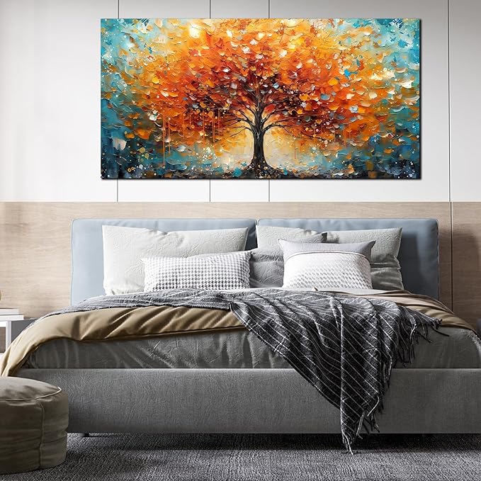 Zoyotago Large Canvas Wall Art Orange Yellow Tree Picture Modern Canvas Prints Ready to Hang for Bedroom Living Room Size 30x60