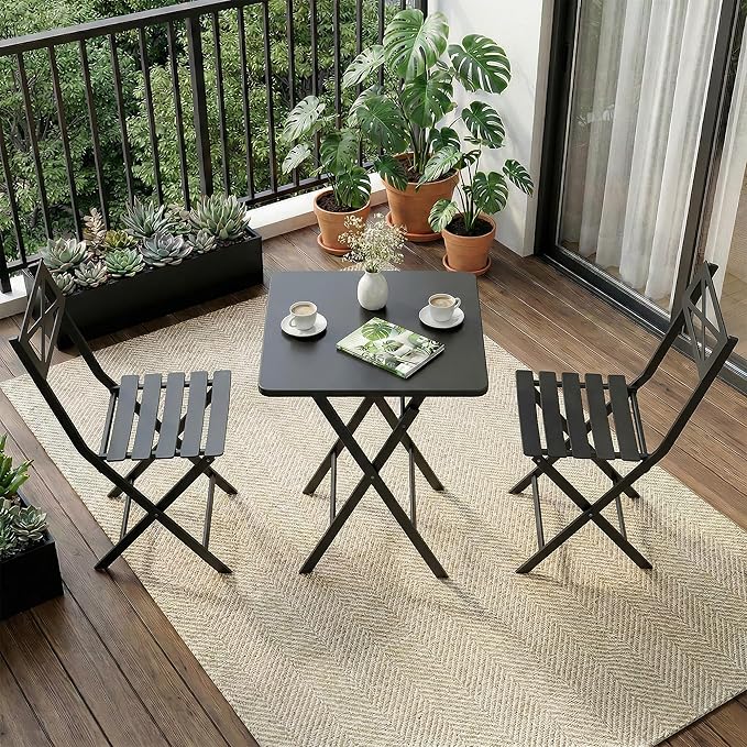 Outdoor Square Bistro Set 3 Piece, Black Iron Tube Patio Furniture Set with Square Table & 2 Chairs, Foldable Steel Backyard Deck Porch Garden , Space Saving Outdoor Dining Set for Small Spaces