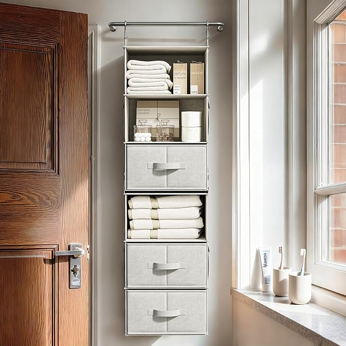 Vailando 6-Shelf Hanging Closet Organizer with 3 Drawers, 2 Separable 3-Shelf Closet Organizers and Storage for Wardrobe Organization, Hanging Dresser for Nursury & Dorm Clothes Organizer
