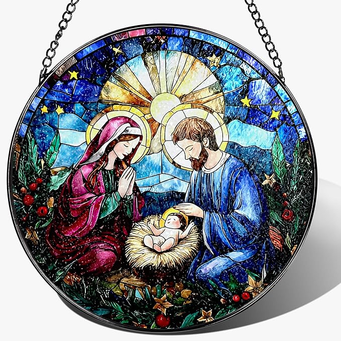 8-Inch Nativity Scene Stained Glass Suncatcher Ornament, Stained Glass Window Hanging & Nativity Religious Ornament, Christian Home Decor — Gifts for Christmas, Christian Gift, Religious Gift