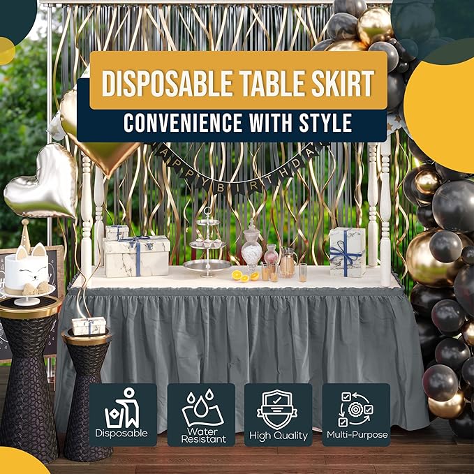 Exquisite Ruffle Table Skirt Silver 6 Pack 14 Ft Long for Rectangle 6ft Plus or Round Tables With Adhesive Strip for Gender Reveal Decor & Happy Birthday Parties