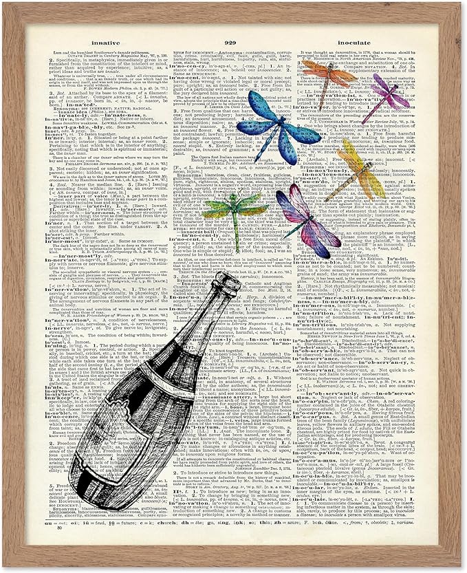 Poster Master Dictionary Art Poster - Champagne Bottle Print - Dragonfly Art - Alcohol Art - Gift for Men, Women & Bartender - Great Decor for Bar, Kitchen or Restaurant, 16x20 Beige Framed