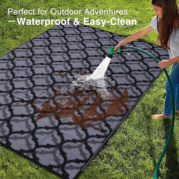 OLANLY Reversible Outdoor Rug 8x10 ft Clearance, Waterproof Outdoor Plastic Straw Rug with Interlacing Pattern, RV Mat for Patio, Camping, Balcony, Deck, Backyard, Black & Grey