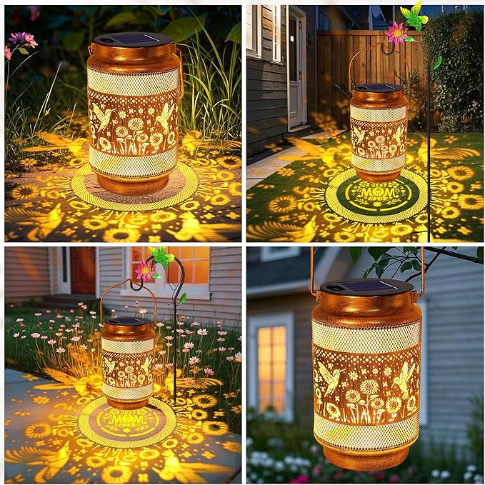 Gifts for Mothers Day Mom, Mom Gift Solar Lanterns Outdoor, Birthday Gift from Daughter Son, Metal Solar Hanging Hummingbird Lights with Shepherd Hook for Outside Garden Yard Patio Pathway (2 Pack)