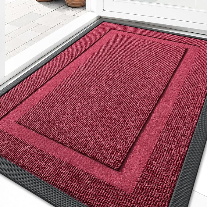 OLANLY Front Door Mat Indoor Outdoor Entrance, Waterproof All-Season, All-Weather Doormat, Sturdy Natural Rubber, Low Profile, Easy Clean Patio Porch Entryway Mat, 47x23, Burgundy