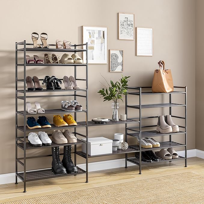 Seville Classics Sturdy Freestanding Storage Shelf for Bedroom, Closet, Entryway, Dorm Room Organizer, Stackable Durable Metal Shoe Rack, Espresso Slat, 3-Tier (2-Pack)