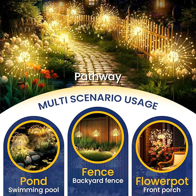 GIGALUMI Garden Decor Outdoor Lights 120LED 2Pack, Solar Garden Lights Outside Fairy Firework Decorative,Solar Powered for Yard Pathway Flowerbed Planter Balcony Patio 4th of July Decor (Warm White