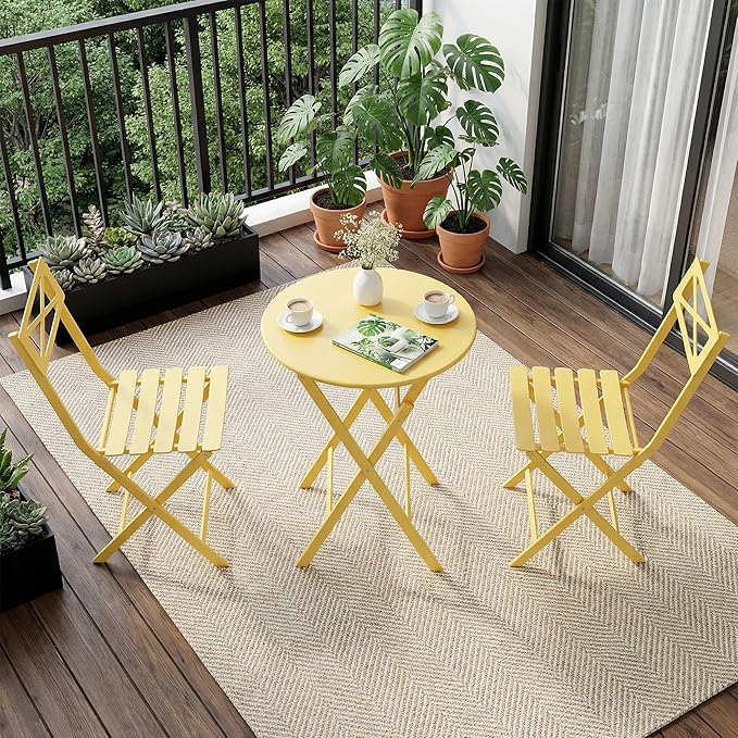 Outdoor Round Bistro Set 3 Piece, Yellow Iron Patio Furniture Set with Round Table & 2 Chairs, Foldable Steel Backyard Deck Porch Garden Furniture, Space Saving Outdoor Dining Set for Small Spaces