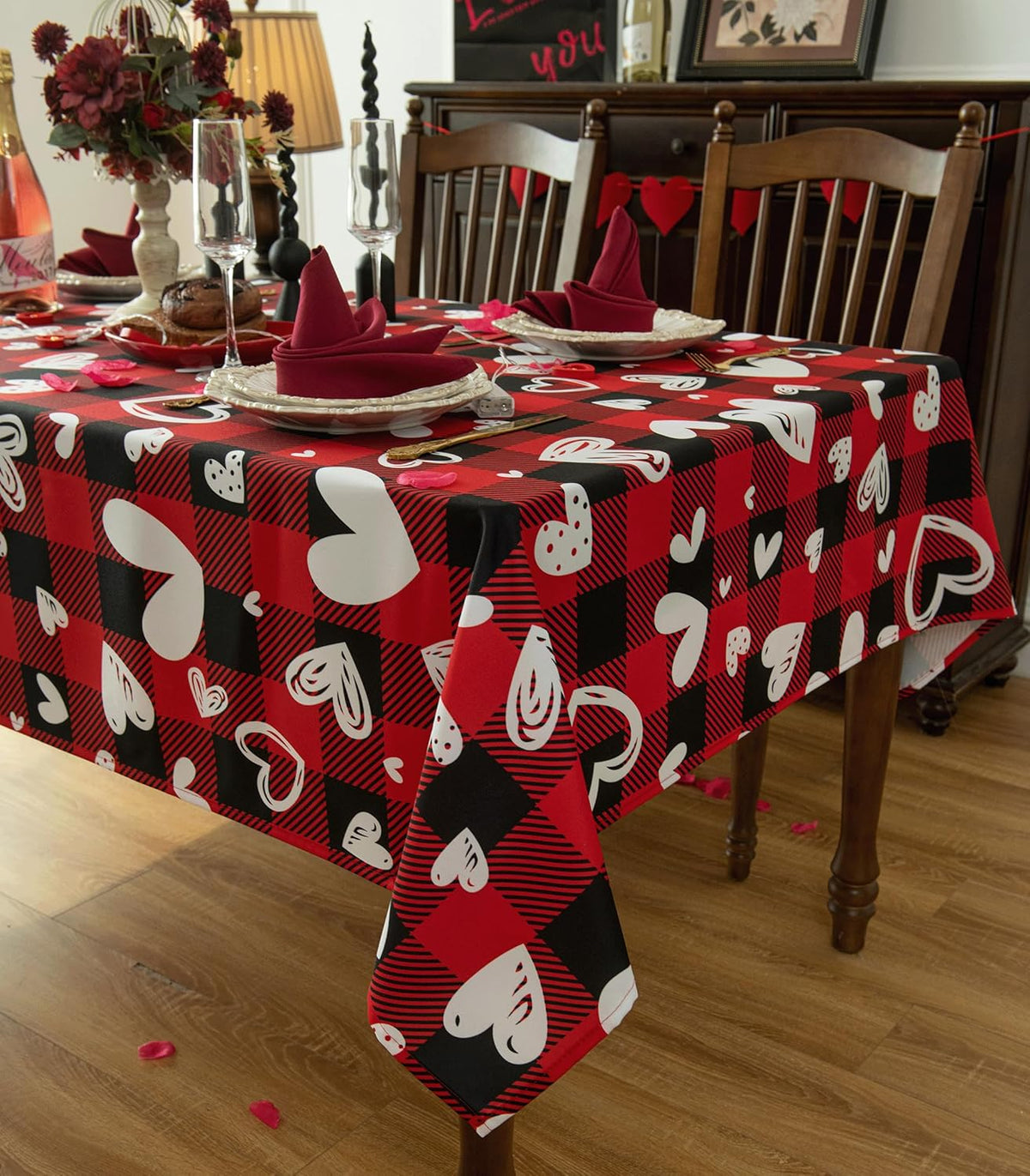 Red Waterproof Plaid Valentines’ Day Tablecloth Fabric - Square 58x58 Inch Classic Love Heart Table Cloth for Indoor Use - Checkered Table Cover for Picnics, Dinner, and Parties