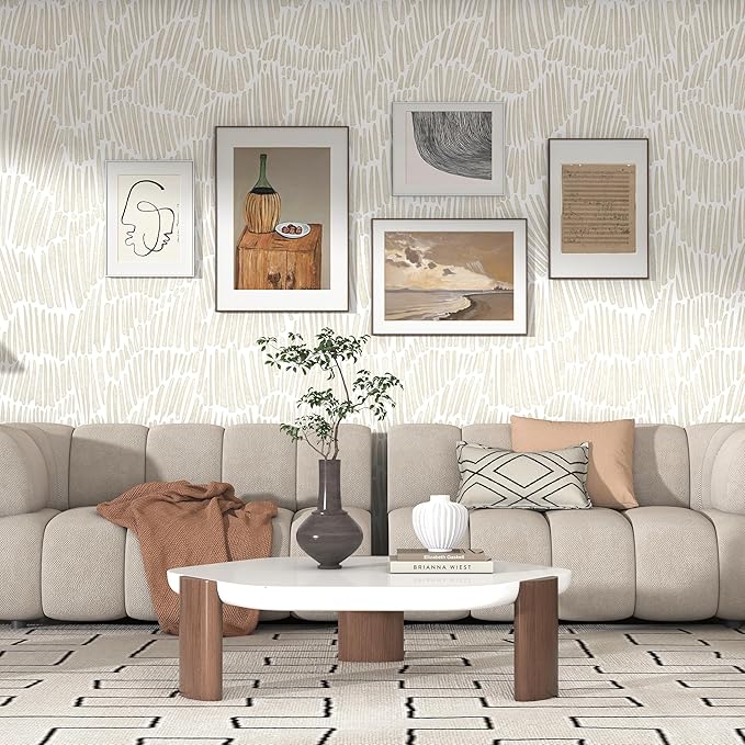 Theper Beige Peel and Stick Wallpaper Boho 17.3"×118" Modern Striped Removable