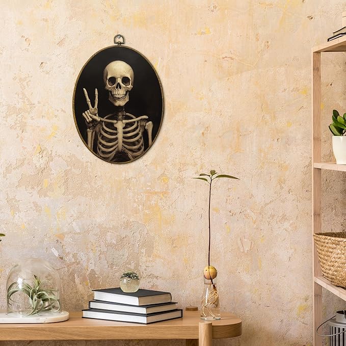 CUANFDDSF Funny Gothic Skeleton Oval Wall Art Decor, Gothic Moody Wall Hanging Decor, Spooky Dark Academia Skeleton Framed Canvas Prints for Home Bedroom Living Room, 8.6x11.4 Inch