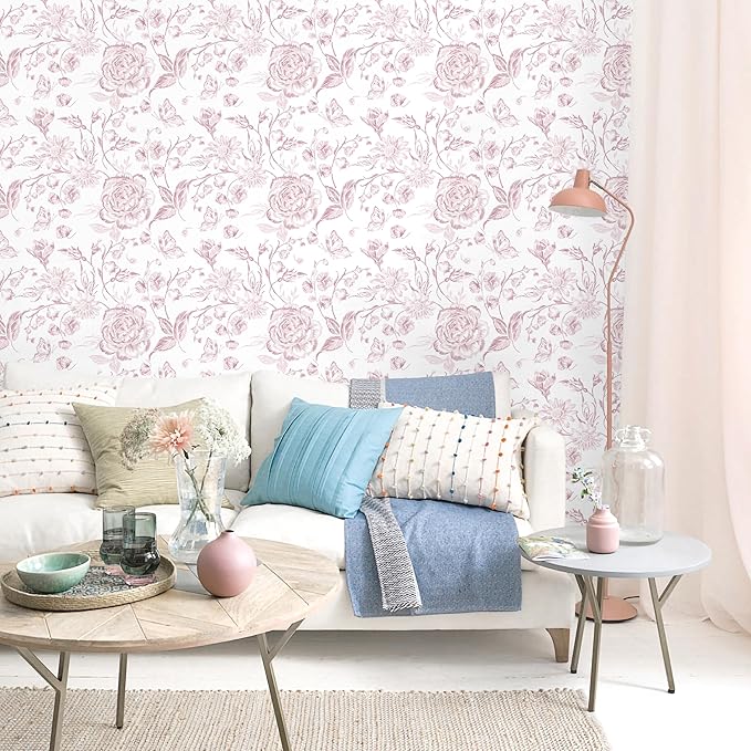 Yasinet Pink Floral Wallpaper Boho Peel and Stick Wallpaper Pink and White