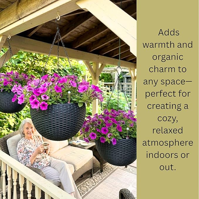LaLaGreen Hanging Planters for Indoor Plants (11 Inch, 3 Pack) Self-Watering Round Rattan Style Hanging Flower Pots with Water Level Indicator, Black Metal Chain Baskets for Porch Garden Balcony Decor