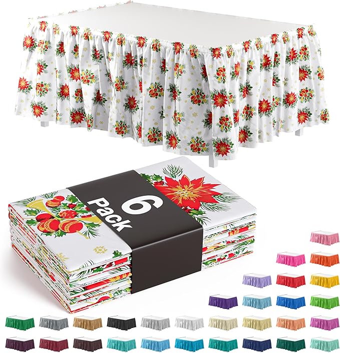 Exquisite Ruffle Table Skirt Holiday 6 Pack 14 Ft Long Table Skirts for Rectangle Tables 6ft Plus or Round Tables Skirts with Adhesive Strip for Gender Reveal Decor & Happy Birthday Parties