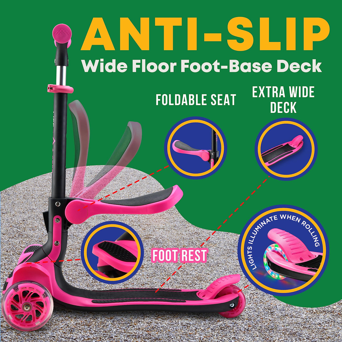 3 Wheel Scooter for Kids with Foldable Seat, Adjustable Handlebar Height, Lean-to-Steer Ride On Toy for Kids Ages 2+, Light-Up LED Wheels, Wide Anti Slip Deck, Indoor & Outdoor Use, Pink