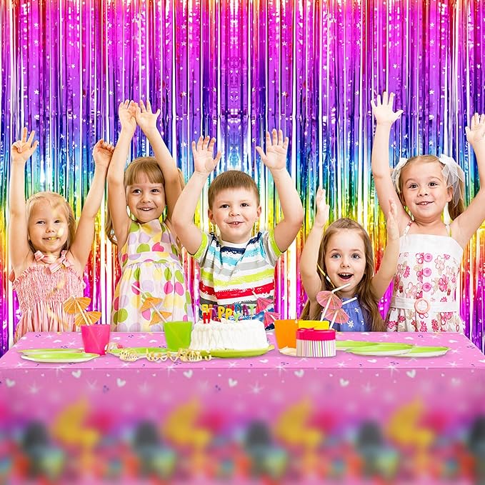 Thicken Rainbow Streamers 4 Pack 3.2 x 8.2 FT, Rainbow Birthday Decrorations Tinsel Backdrop Curtains, Foil Fringe Photo Backdrop for Birthday Decorations, 80s 90s Party Decorations