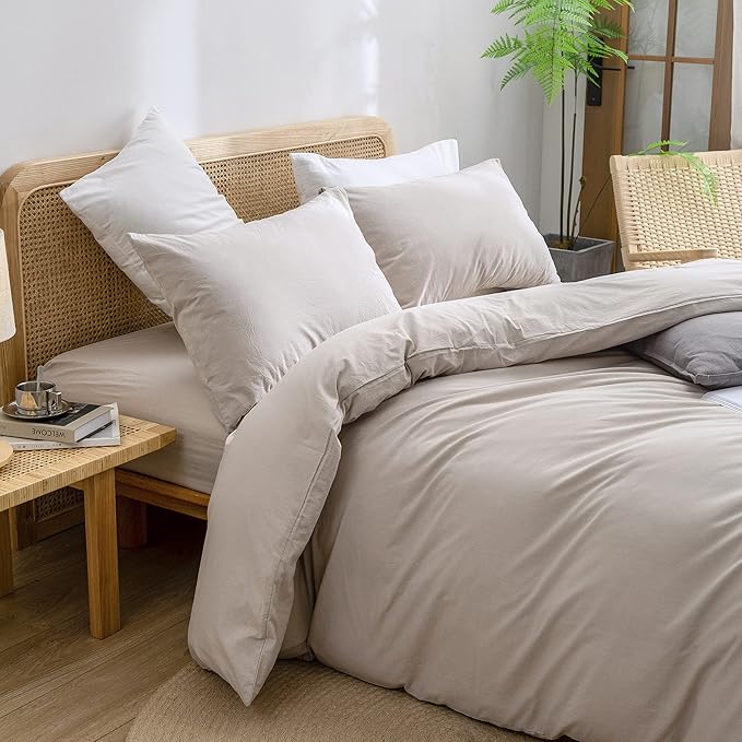 BESTOUCH Duvet Cover Set 100% Washed Cotton Linen Feel Super Soft Comfortable Chic Lightweight 3 PCs Home Bedding Set Solid Linen Grey Full/Double