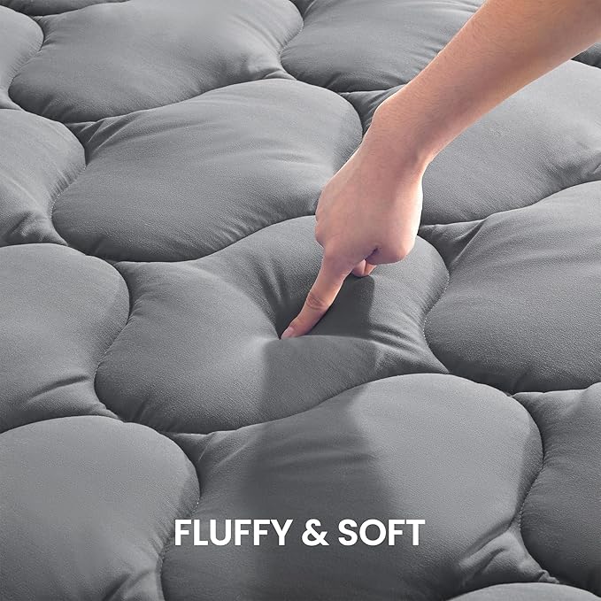 SLEEP ZONE King Mattress Pad, Cooling Breathable Fluffy Soft Mattress Protector, Stretches up to 21 Inch Deep, Durable & Machine Wash (Grey, King)