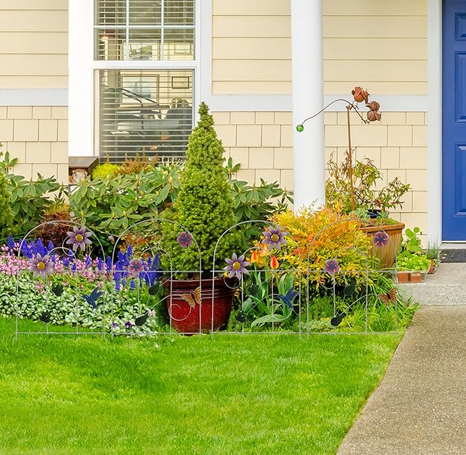 Gift Boutique Decorative Painted Metal Garden Fence 4 Pack Flower Design Border Edge Gate for Yard Patio Lawn Landscape and Outdoor Decor