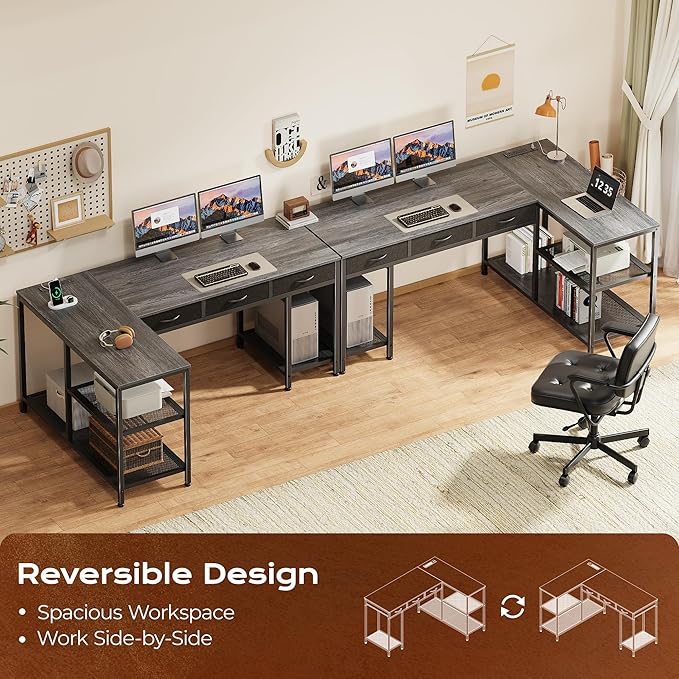 PRAISUN 55 Inch L Shaped Office Desk with Power Outlets and Type-C Port, Large Computer Gaming Desk with 3 Fabric Drawers, Mesh Shelves, Corner Study Work Writing Desk, Grey