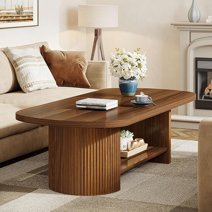 Tribesigns Oval Coffee Table, Mid-Century 2-Tier Coffee Table with Storage Shelf, Modern 45.27" Accent Center Table with Wooden Dual Base for Living Room Bedroom Apartment (Rustic Brown)