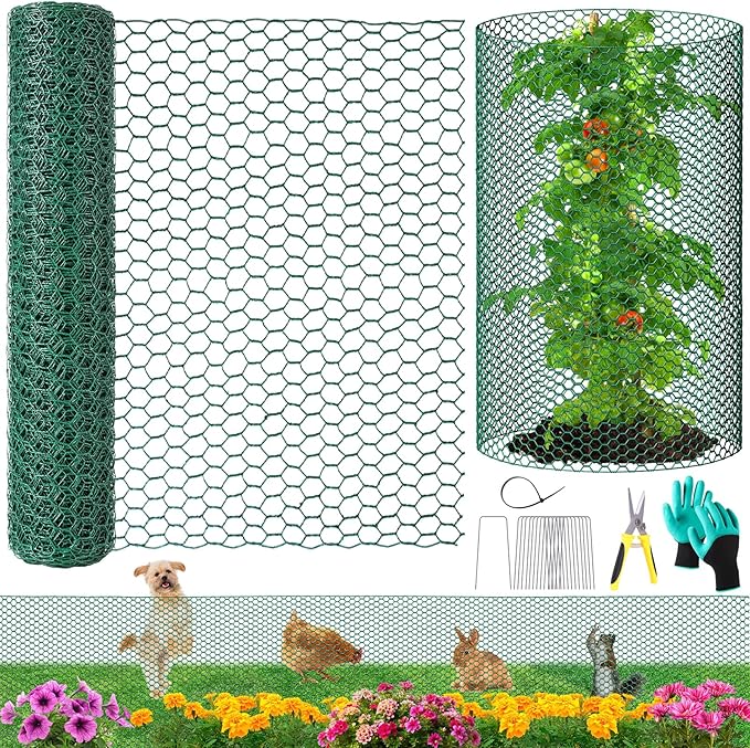 32.8ftx24In Plant Protectors from Animals,Plant Cages for Outdoor Plants,Wire Plant Protector Cage,Wire Plant Protector,Chicken Wire Cloche with Ground Stakes & Nylon Ties Protect Plants from Animals