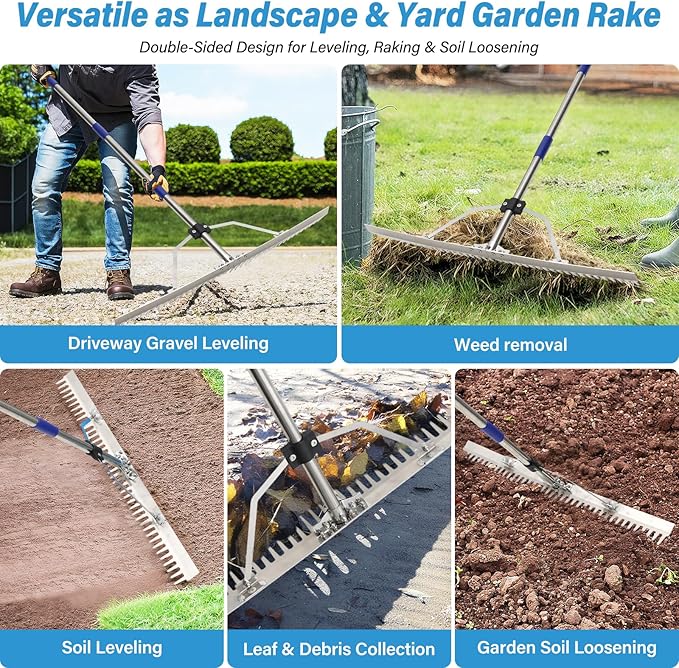 Aluminum Landscape Rake, 31'' Wide Heavy Duty Lake Weed Rakes for Gravel Driveway Leveling,Soil Loosening,Aquatic Weed,Algae Removal, Long Handle Landscaping Tool for Beach,Garden Lawn Yard Cleaning