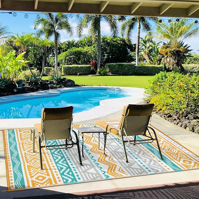 Lahome Outdoor Rug Waterproof, 5x8ft Reversible Outdoor Plastic Straw Rug for Camping Patio, RV Outdoor Rugs Outside, Outdoor Carpet for Porch Deck Backyard Balcony Picnic(Blue/Yellow,5'x 8')