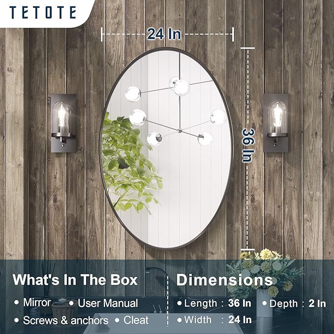 TETOTE Black Oval Bathroom Mirror, 24 x 36 Matte Black Framed Wall Mounted