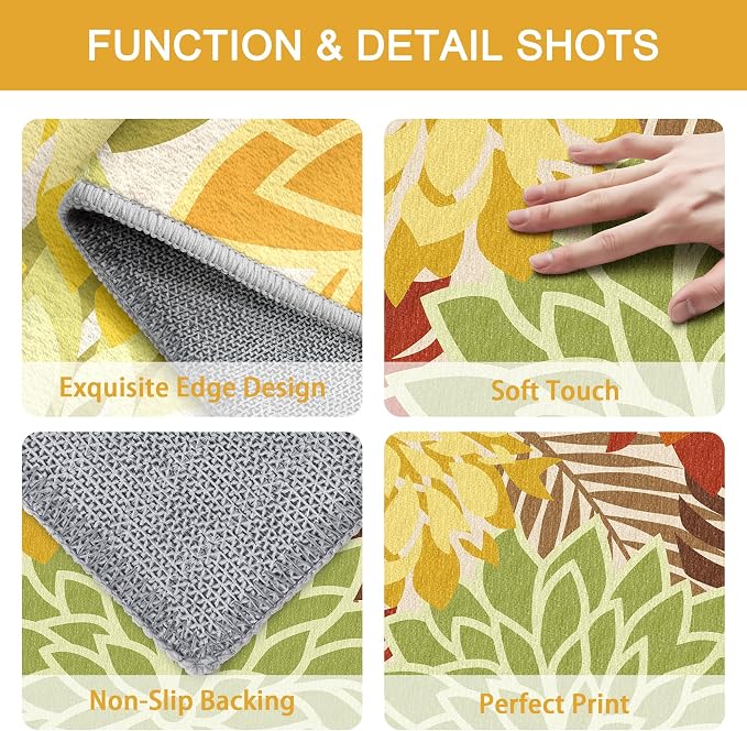 Colorful 6x9 Outdoor Area Rug Washable Multicolored Patio Rug Tropical Botanical Floral Chenille Waterproof Outdoor Carpet Non-Slip for Patio, Deck, Backyard, Porch, Orange