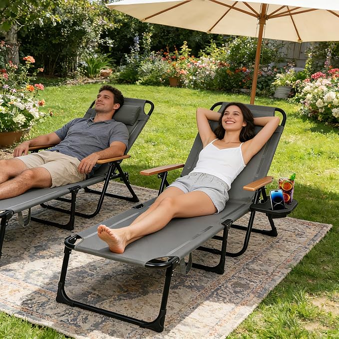 Beach Lounge Chair, Folding Outdoor Chaise Lounge Chair with Arms, 4-Position Backrest, Extended Sun Tanning Chair Pillow & Cup Holder, Patio Lounger for Outside for Beach Pool Patio Yard (Gray)