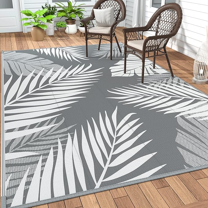 GENIMO Outdoor Rug 8' x 10' Waterproof for Patios Clearance, Reversible Plastic Straw Camping Rug Carpet, Large Area Rugs Mats for RV, Picnic, Backyard, Deck, Balcony, Porch, Beach, Grey&White