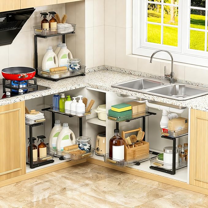 Under Sink Organizer - 2 Packs Multi-Purpose Pull-Out Storage Organizers, Slide out Pull out Cabinet Organizer Shelf, Storage for Kitchen Bathroom, Clear