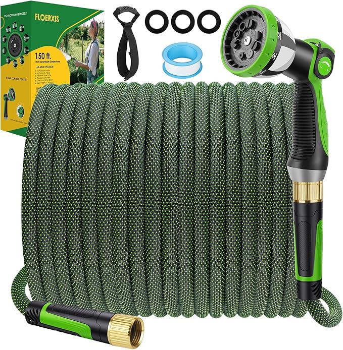 Non-Expandable Garden Hose 150 FT, Lightweight Hose with 10 Function Spray Nozzle, Kink-Free Flexible Water Hose, Durable, Leak-Proof, 360° Swivel Connectors, Portable Storage Strap