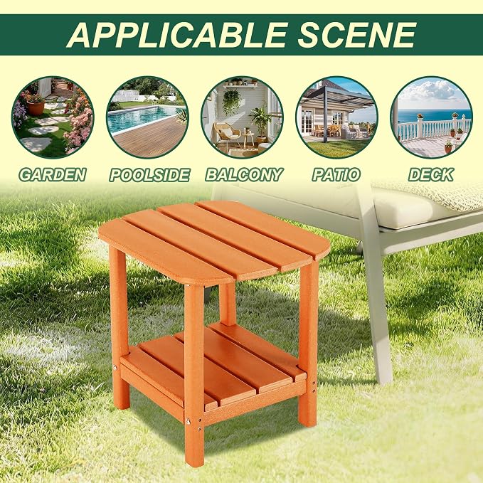 LZRS 2-Tier Patio Side Table, Heavy Duty HDPE Outdoor End Table with Wood Texture, Weatherproof Composite Table for Adirondack Chairs, Deck, Pool, Indoor/Outdoor, No Peeling Cracking(Orange)
