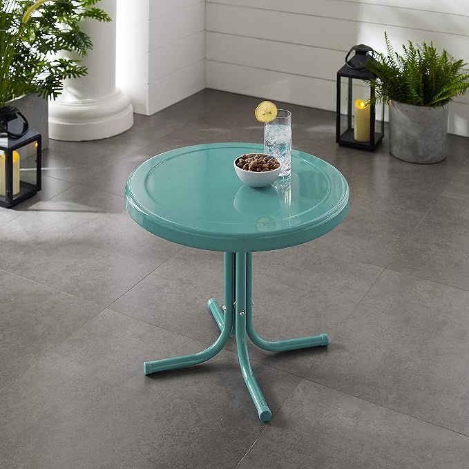 Crosley Furniture Griffith Weather Resistant Retro Metal Outdoor Side Table for Patio, Deck, Porch, Caribbean Blue